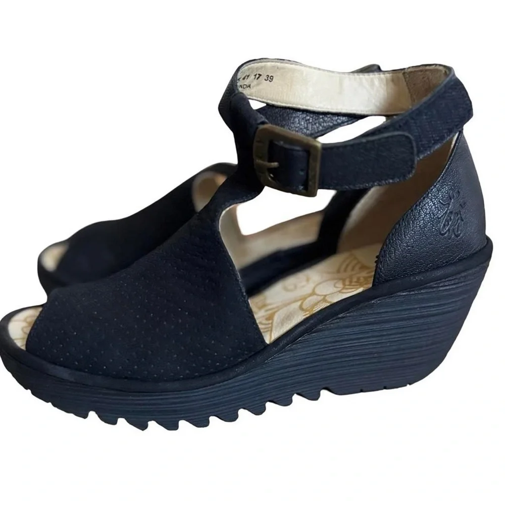 FLY London Perforated Leather Ankle Strap Wedges Sandals Black Size 38 (7.5-8)